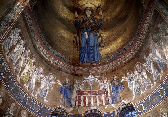 Image - Mosaics at Saint Sophia Cathedral: Orante and Eucharist.